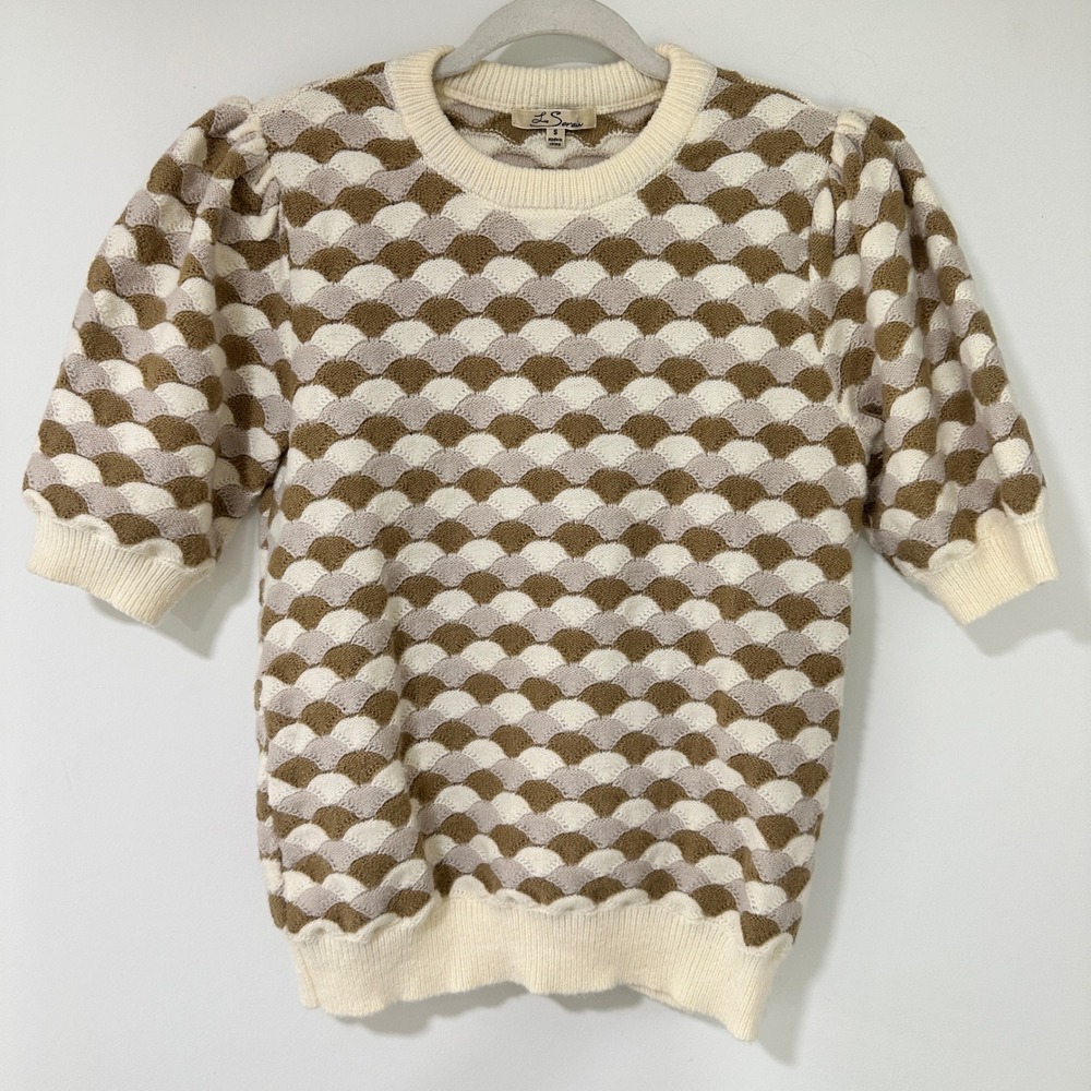 Les Serein Sweater Scallop Knit Womens Small Cream Tan Puff Short Sleeve